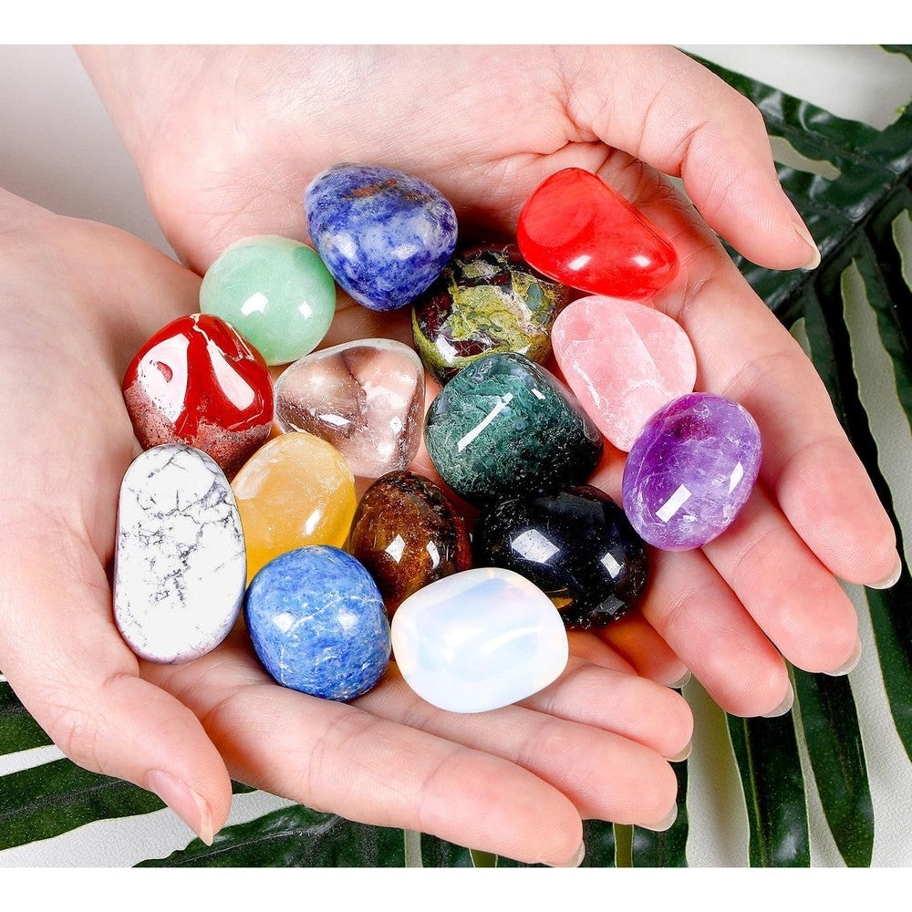 DUQGUHO 15 Piece Natural Crystals front view layout showing assorted polished colorful stones