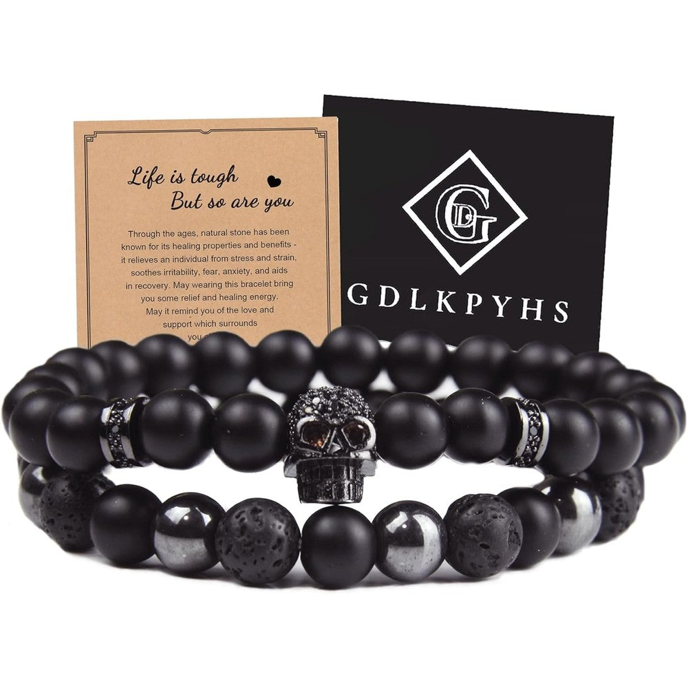 GDLKPYHS Black Obsidian Triple Protection Bracelet front view showing 8mm natural gemstone beads.