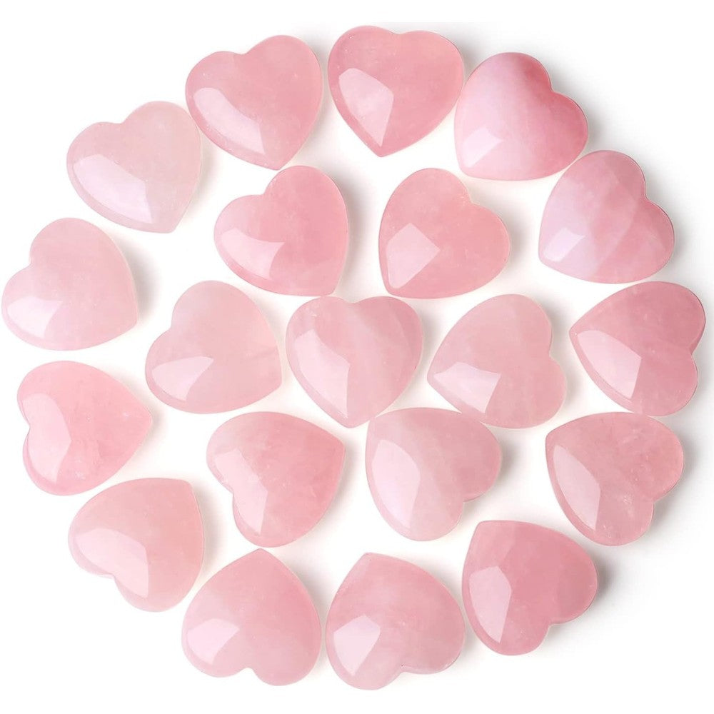Qinjiejie Rose Quartz Heart Crystals front view of twenty pink polished stones.