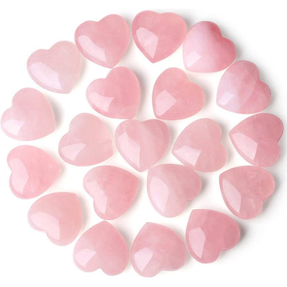 Qinjiejie Rose Quartz Heart Crystals front view of twenty pink polished stones.