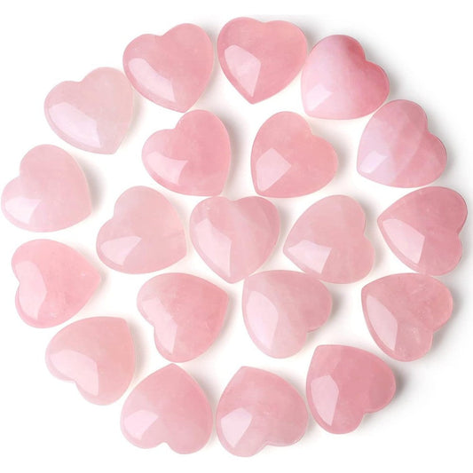 Qinjiejie Rose Quartz Heart Crystals front view of twenty pink polished stones.