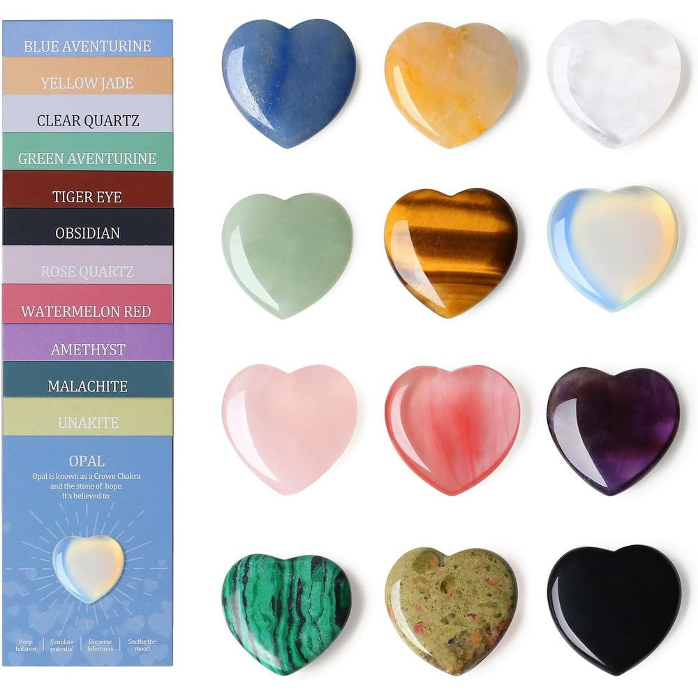 DUQGUHO 1 Inch Hearts Crystals and Healing Stones front view set of 12 natural gemstones.