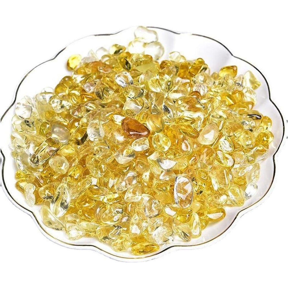 Erliway natural citrine tumbled chips front view showing polished yellow crystal stones for home decoration.