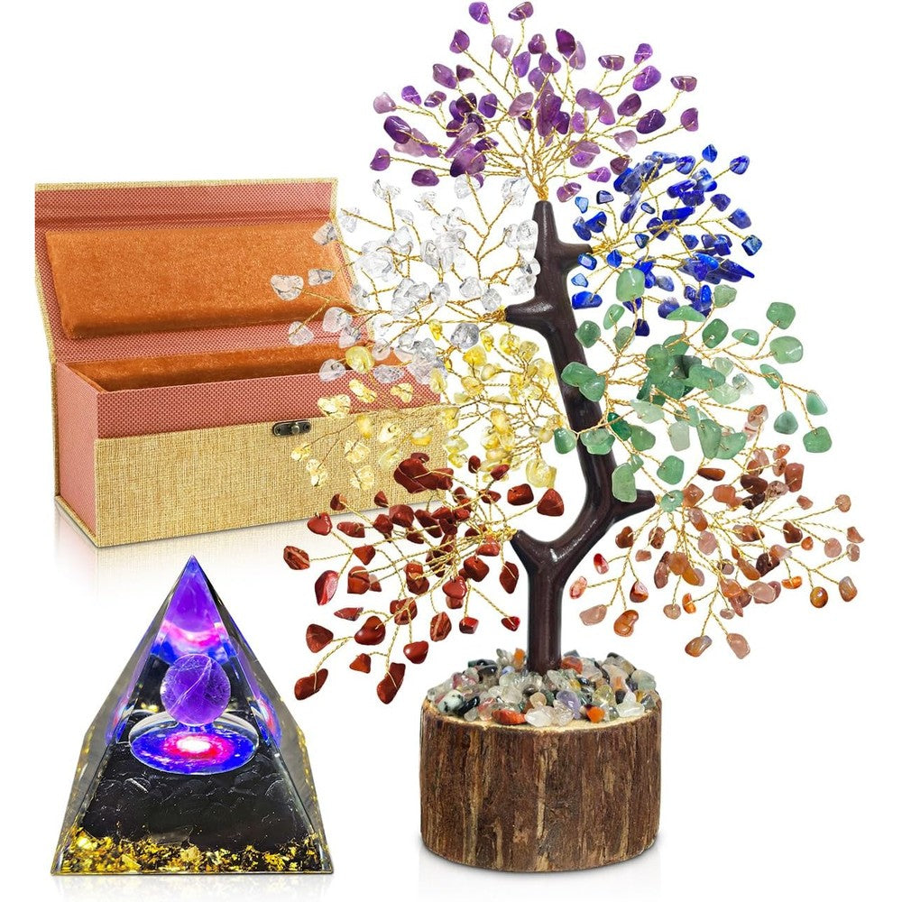 TATOODAA 7 Chakra Crystal Tree with Orgonite Pyramid front view for home decor