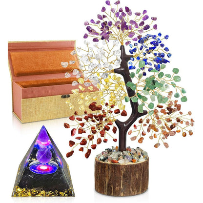 TATOODAA 7 Chakra Crystal Tree with Orgonite Pyramid front view for home decor