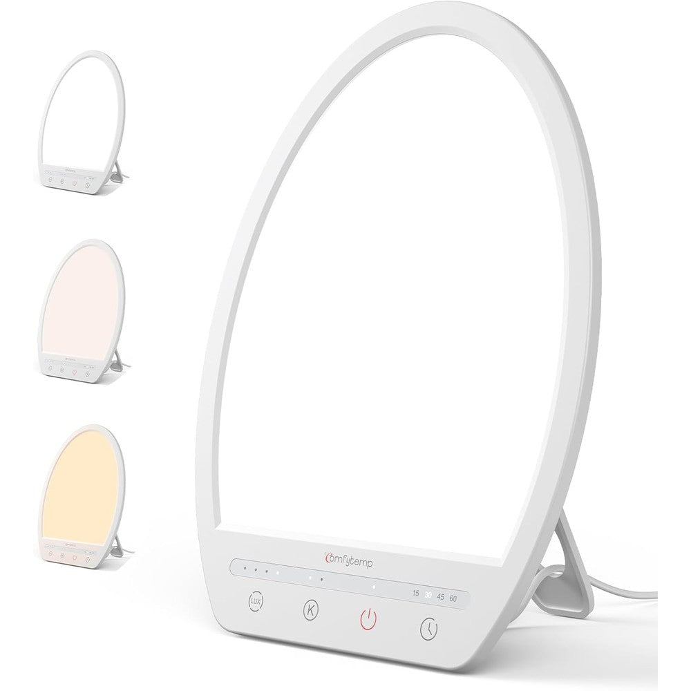 Comfytemp Light Therapy Lamp front view on an office desk showing full spectrum bright white daylight illumination