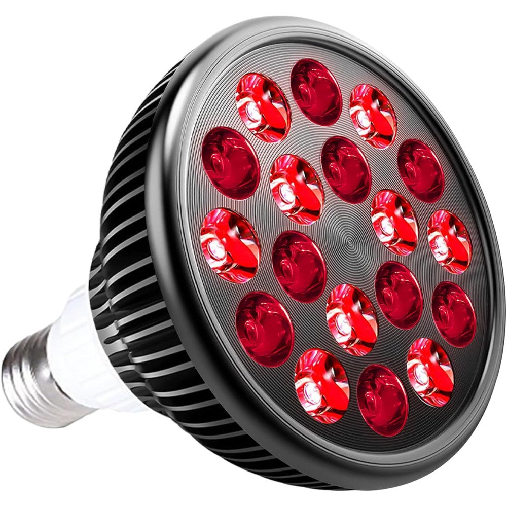 Wolezek Red Light Therapy Bulb front view showing 18 LED configuration for home skincare.