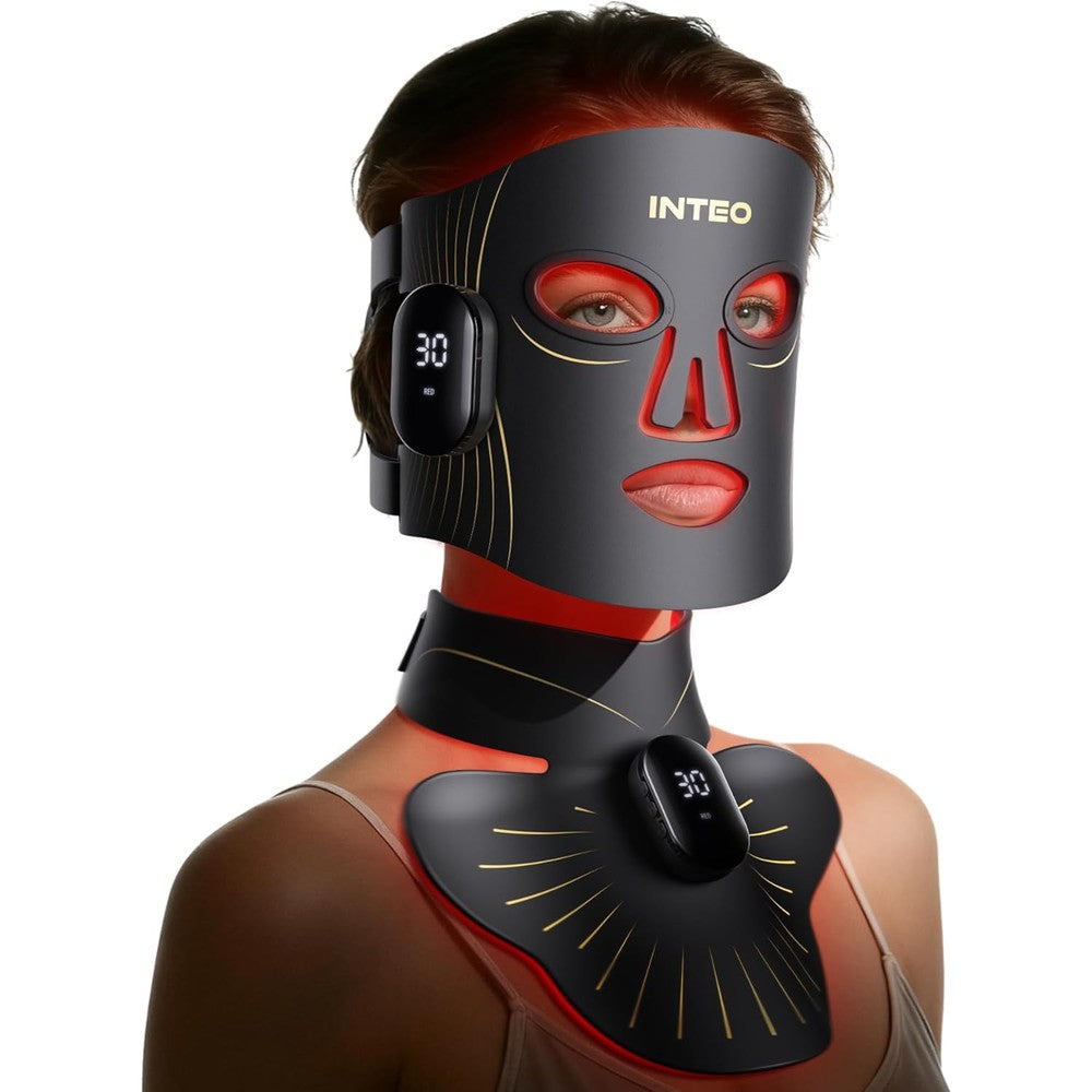 INTEO Red Light Therapy Face and Neck Mask front view showcasing the flexible silicone design and dual-zone coverage.