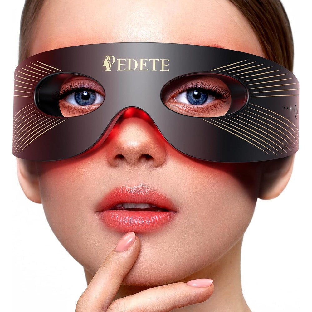 Pedete Red Light Therapy for Eyes black mask front view showing sleek gold accent lines