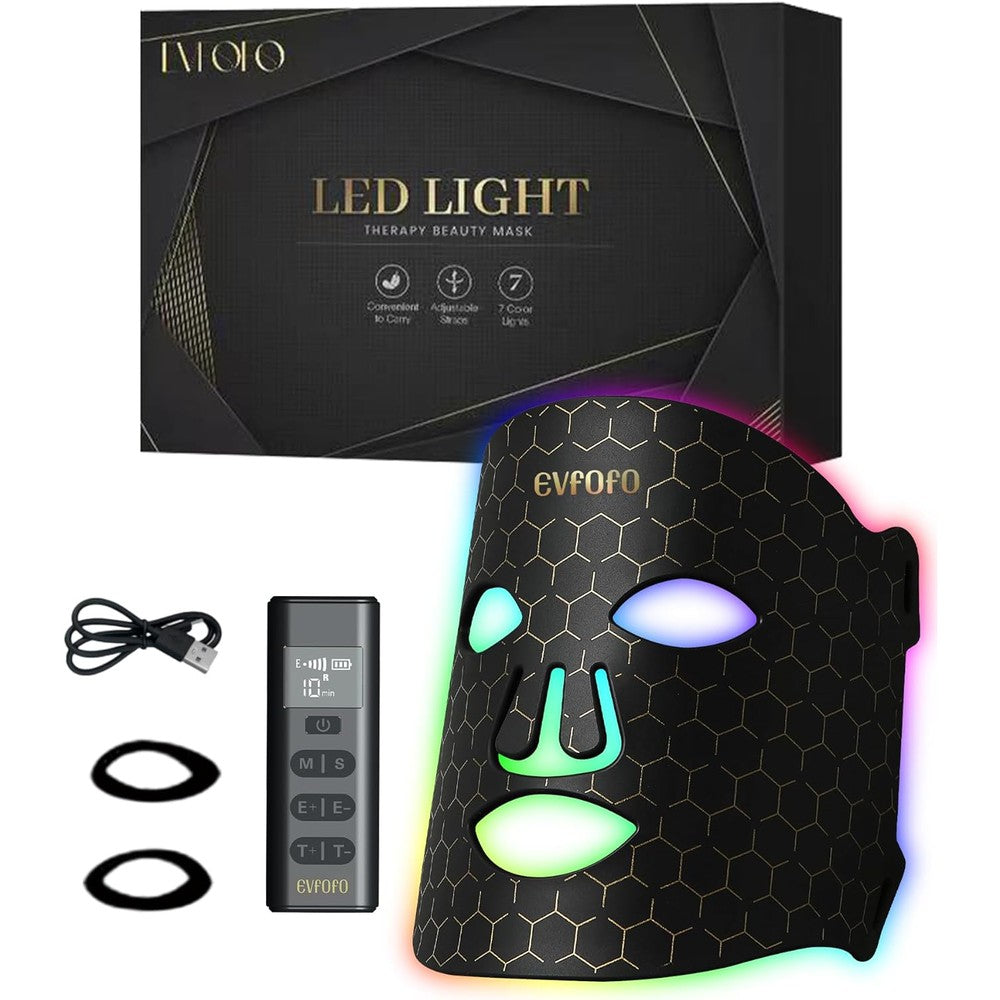EVFOFO LED Face Mask Light Therapy front view showing black silicone design for facial skin care.