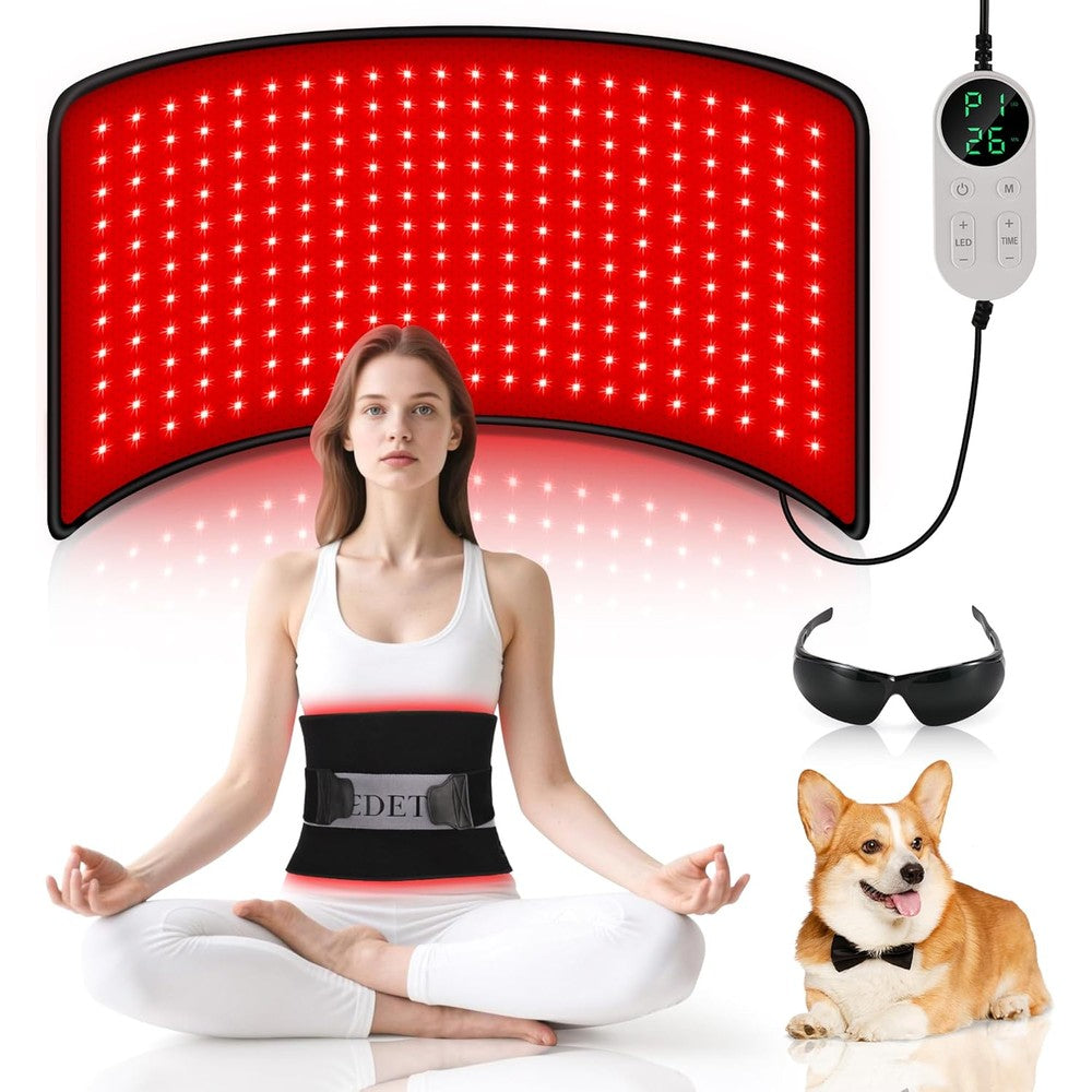 Pedete red light therapy pad front view displaying the two hundred and forty two dual chip LEDs on a large flexible mat