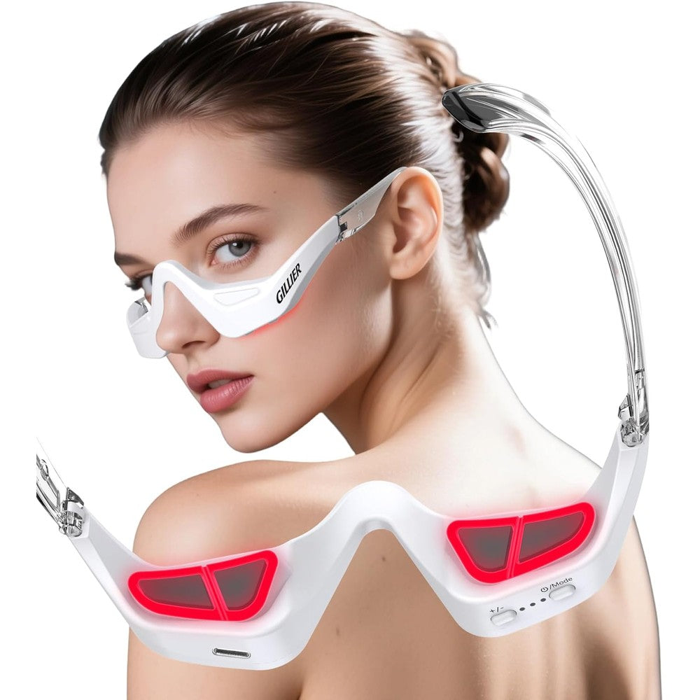 Gillier under eye red light therapy glasses front view showing sleek white ergonomic design.