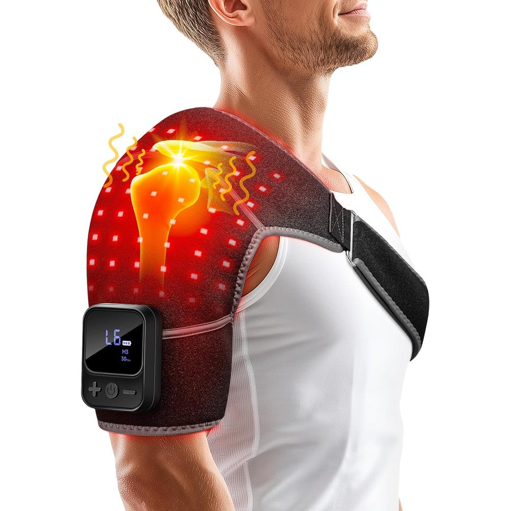 ROMISA Red Light Therapy Shoulder Wrap front view showcasing the grey adjustable brace with the digital controller attached.