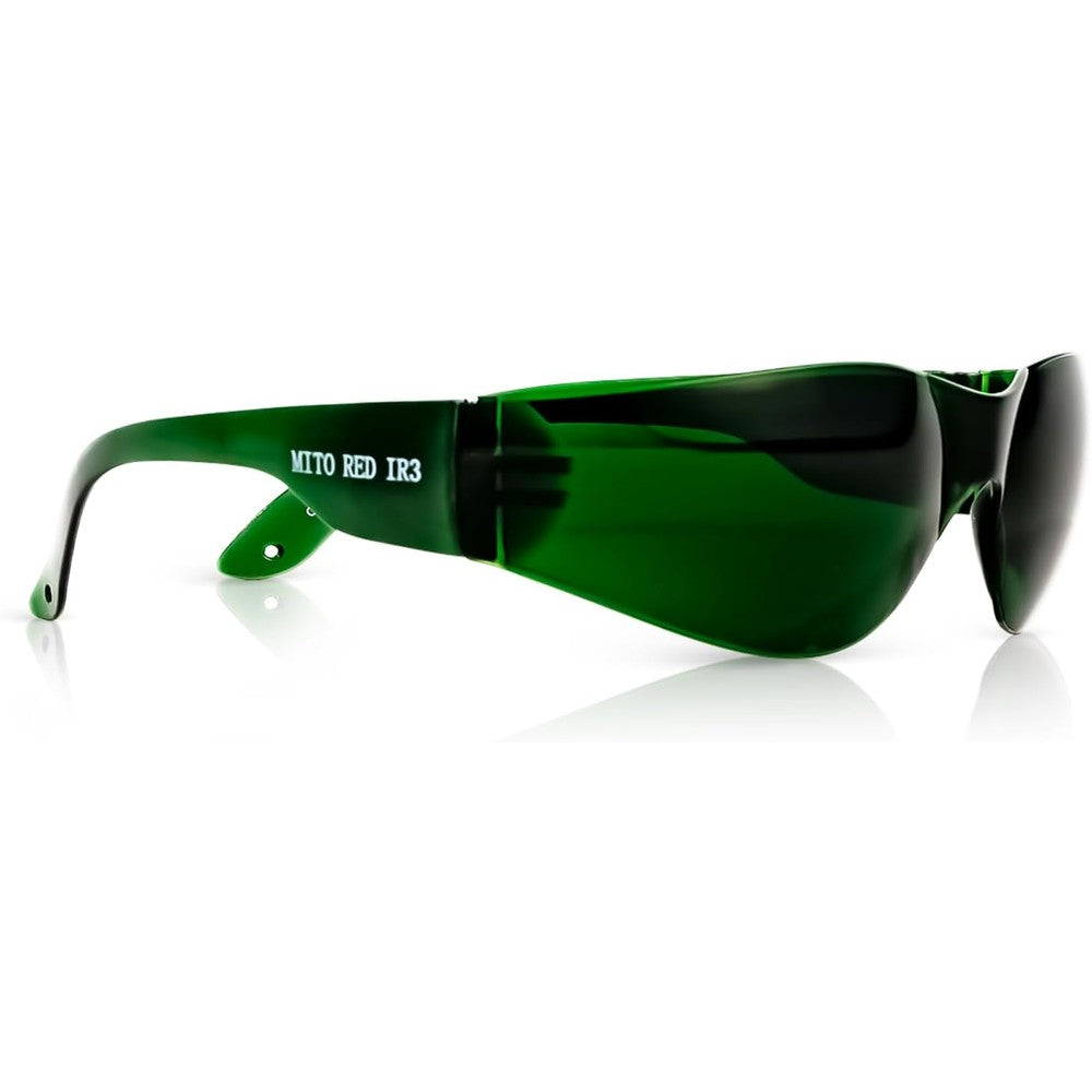 Mito Red Light Therapy Glasses front view showing sleek green tinted lenses for eye protection.