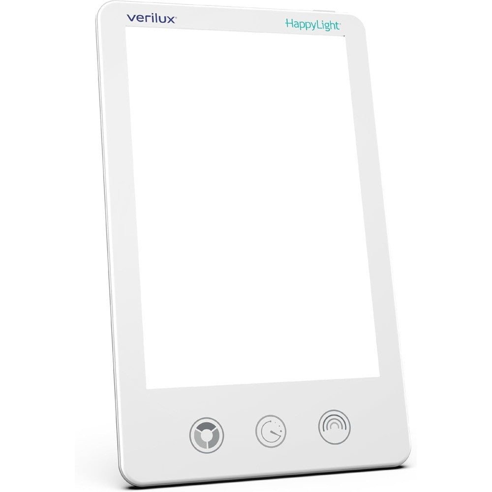 Verilux HappyLight Luxe light therapy lamp front view showcasing bright white LED panel
