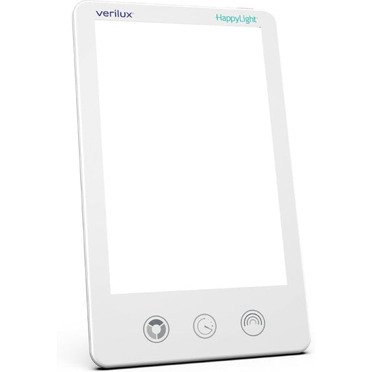 Verilux HappyLight Luxe light therapy lamp front view showcasing bright white LED panel