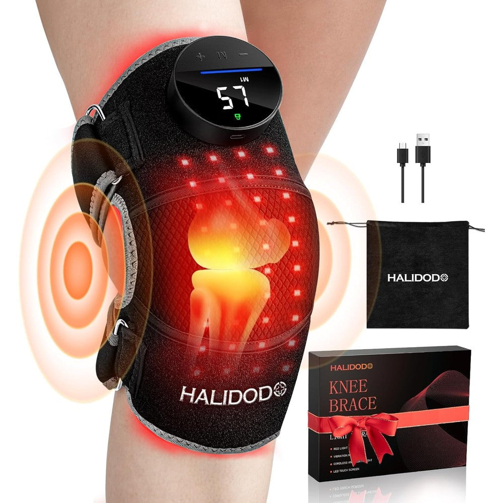 HALIDODO K508 Red Light Therapy Knee Brace front view showing the wireless digital controller and black spandex fabric design.