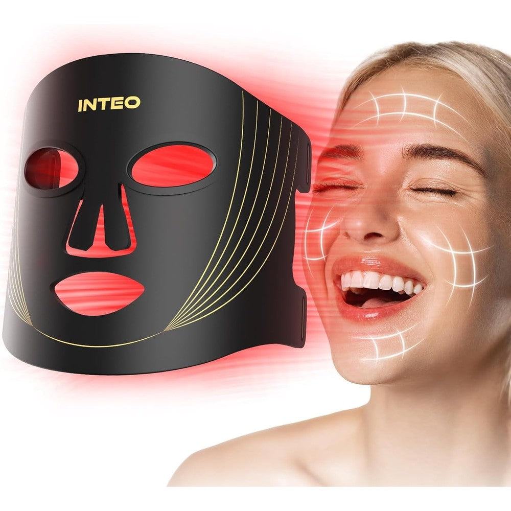 INTEO Red Light Therapy Face Mask front view showing the sleek black silicone design and 180 LED beads for professional at-home skincare.
