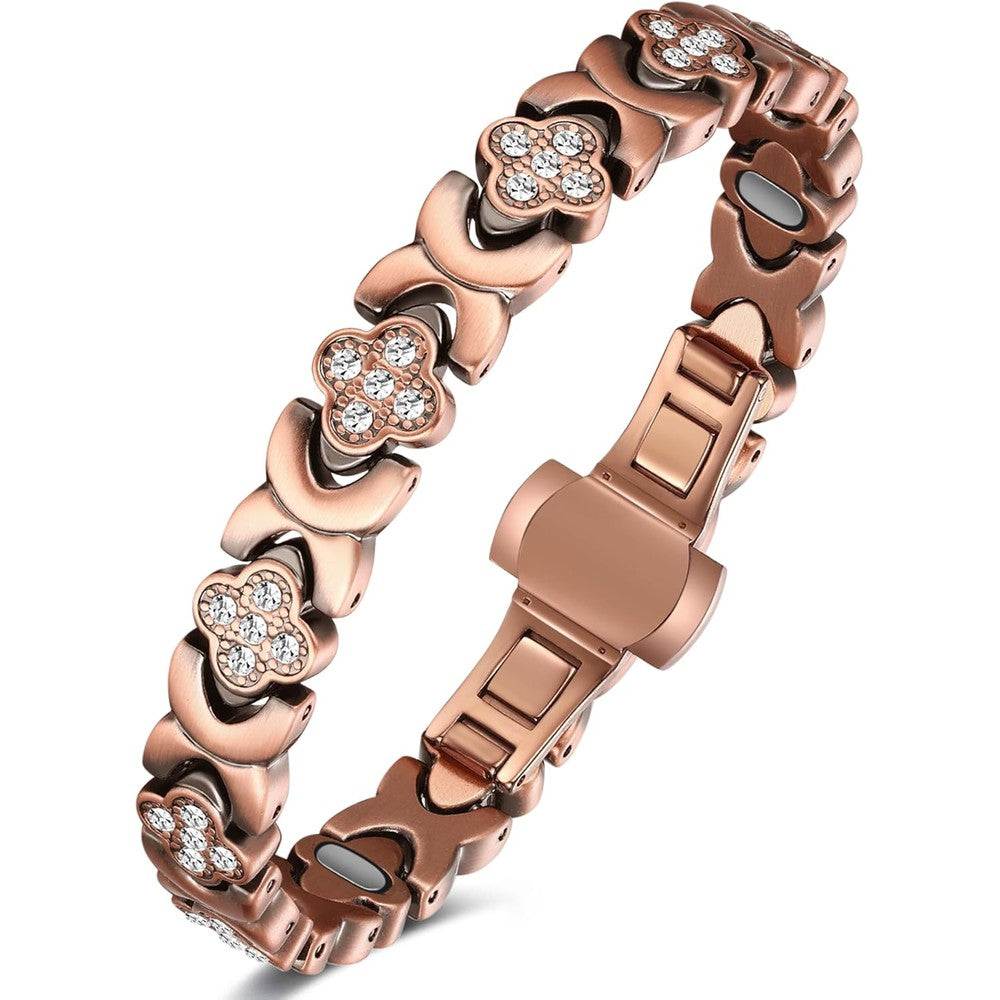 Feraco Pure Copper Bracelet for women front view featuring clover design.