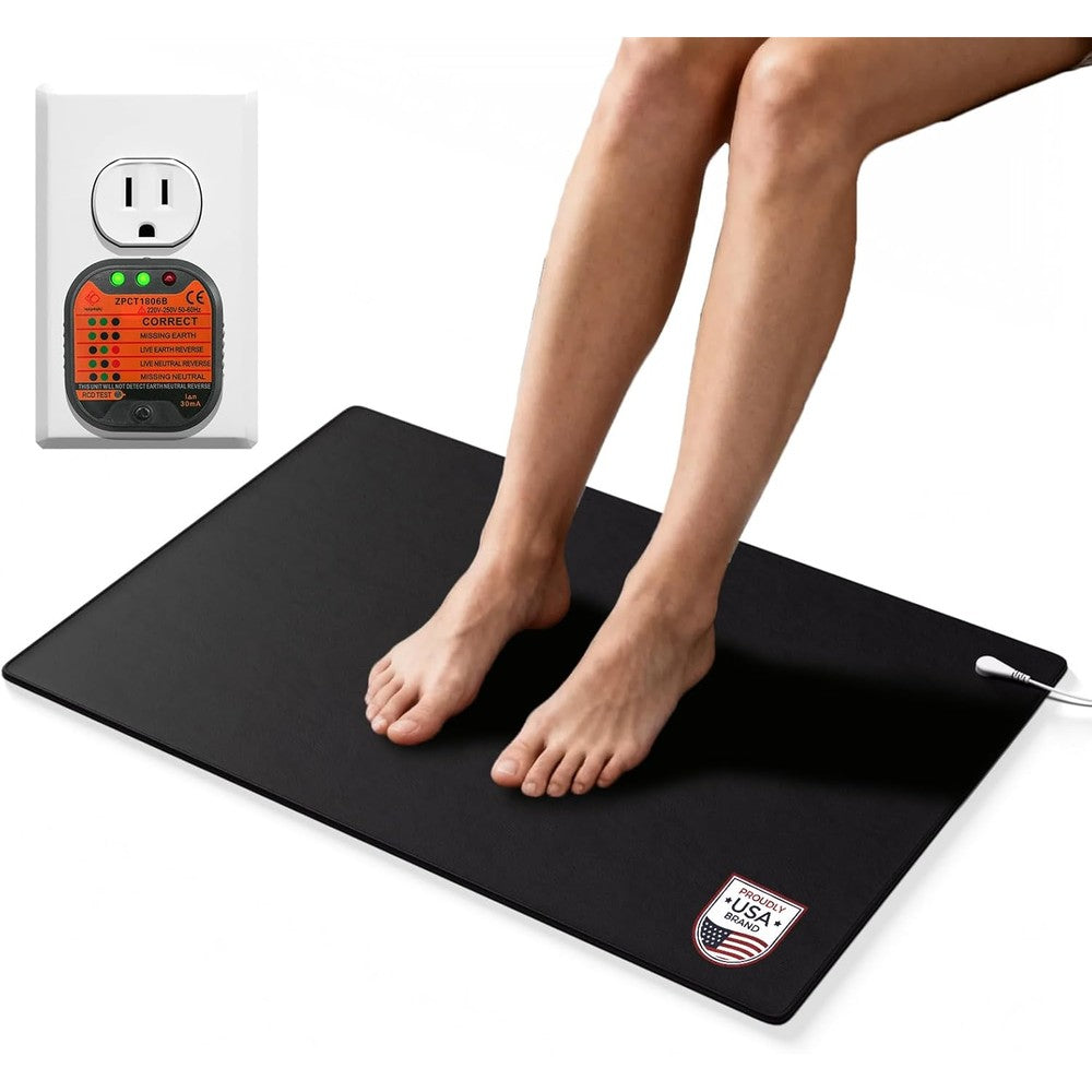 LifeZoom Grounding Mat front view showing the sleek black conductive surface and 15 foot cord for wellness.