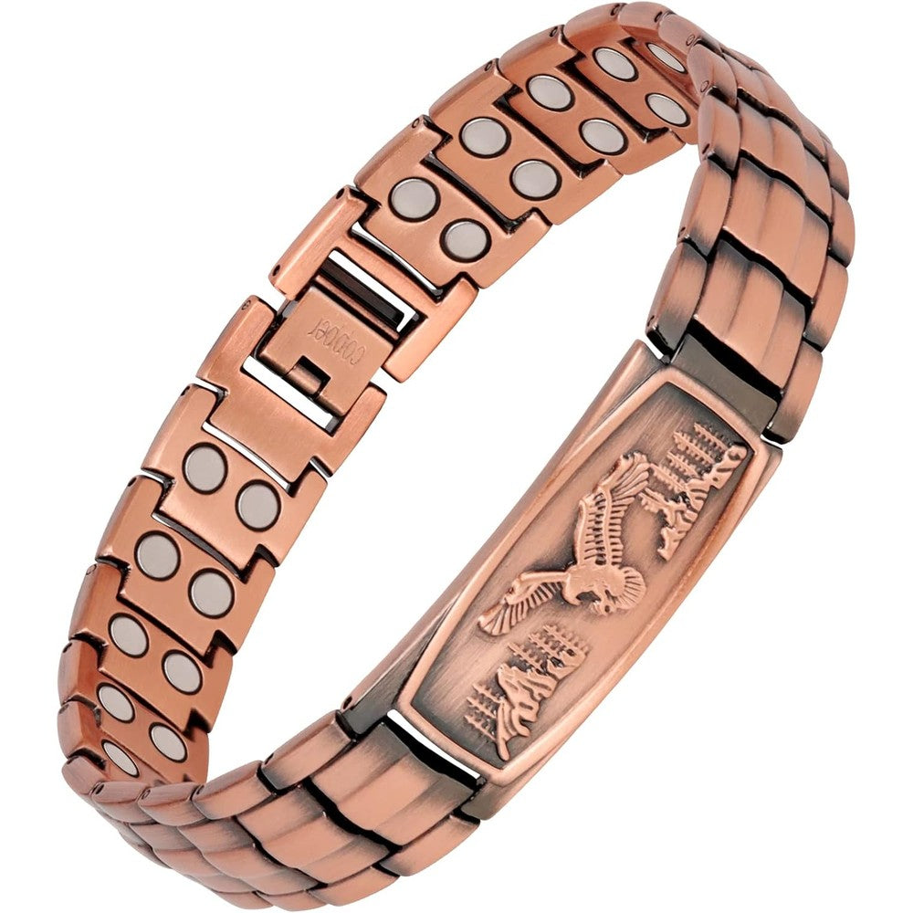 Feraco copper magnetic bracelet for men with eagle pattern front view.