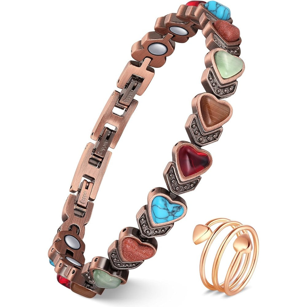 Feraco Pure Copper Magnetic Bracelet and Ring set front view with turquoise stones