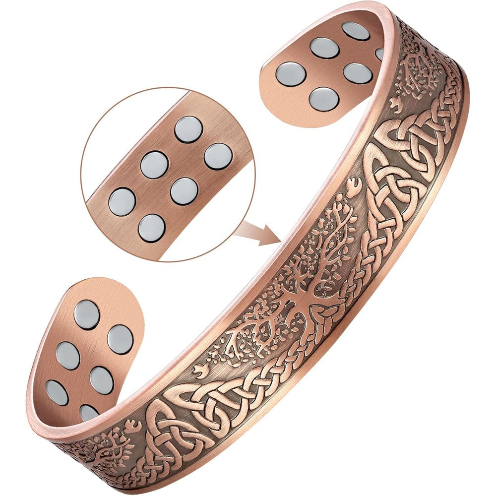 Feraco Pure Copper Magnetic Bracelet front view featuring Tree of Life engraving.