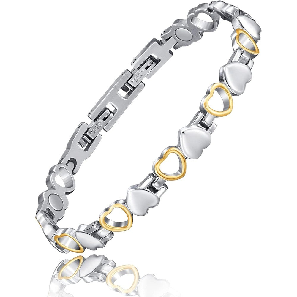 Reaowazo Magnetic Copper Bracelet for women front view featuring gold and silver heart links.
