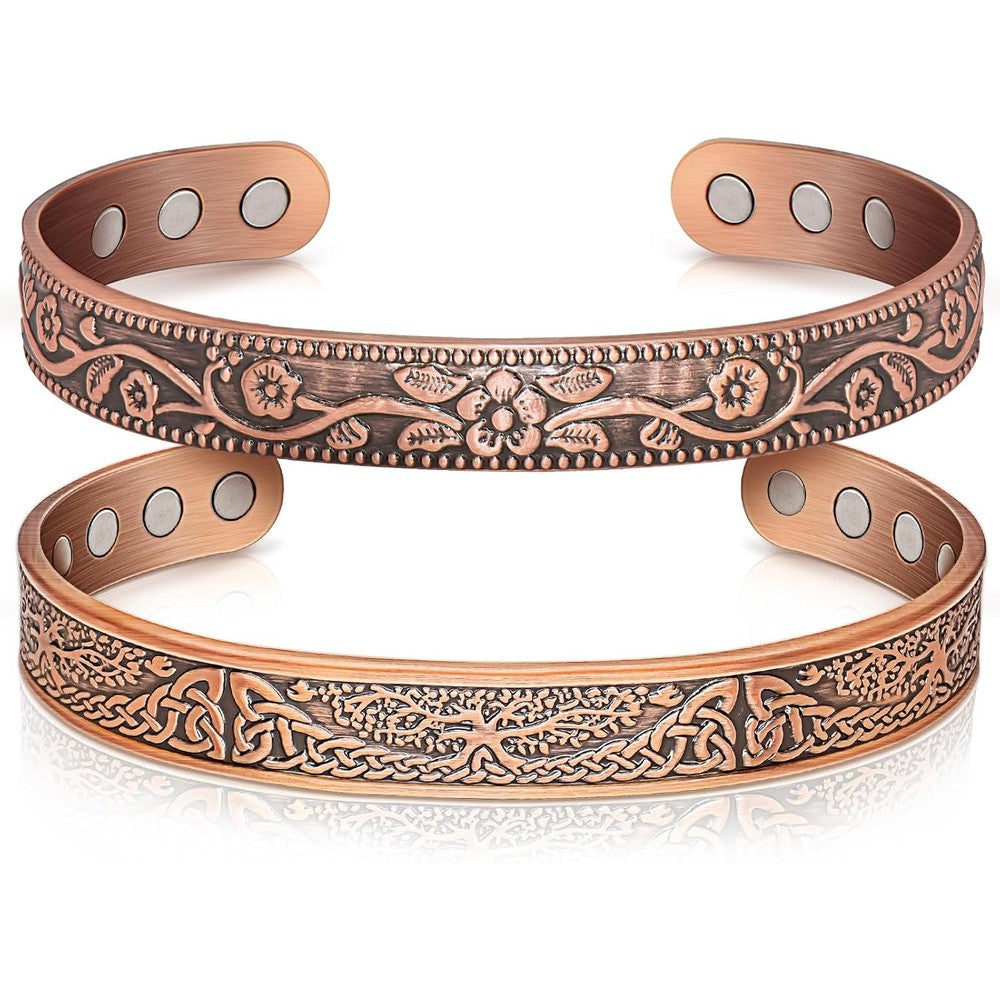 Auramag Copper Magnetic Bangle front view showing Tree of Life design.