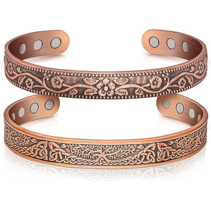 Auramag Copper Magnetic Bangle front view showing Tree of Life design.
