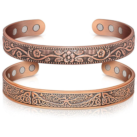 Auramag Copper Magnetic Bangle front view showing Tree of Life design.