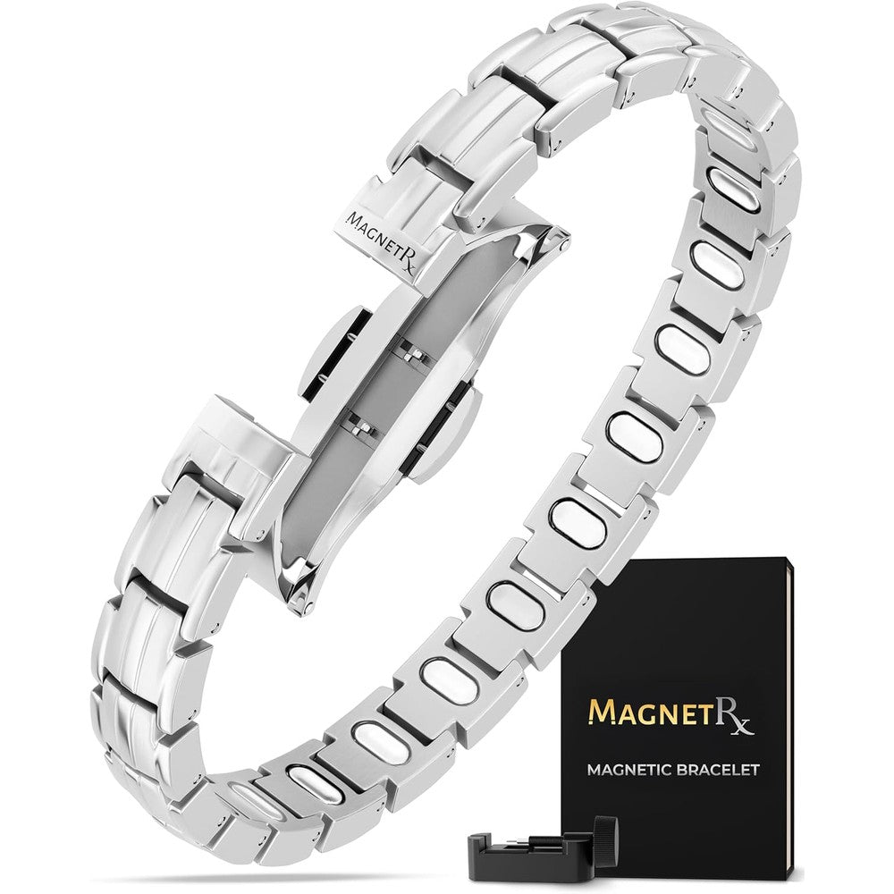 MagnetRX EllipseMAX Silver Magnetic Bracelet for Women front view on wrist.