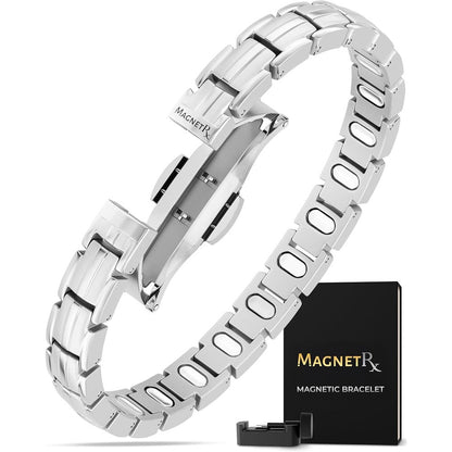 MagnetRX EllipseMAX Silver Magnetic Bracelet for Women front view on wrist.