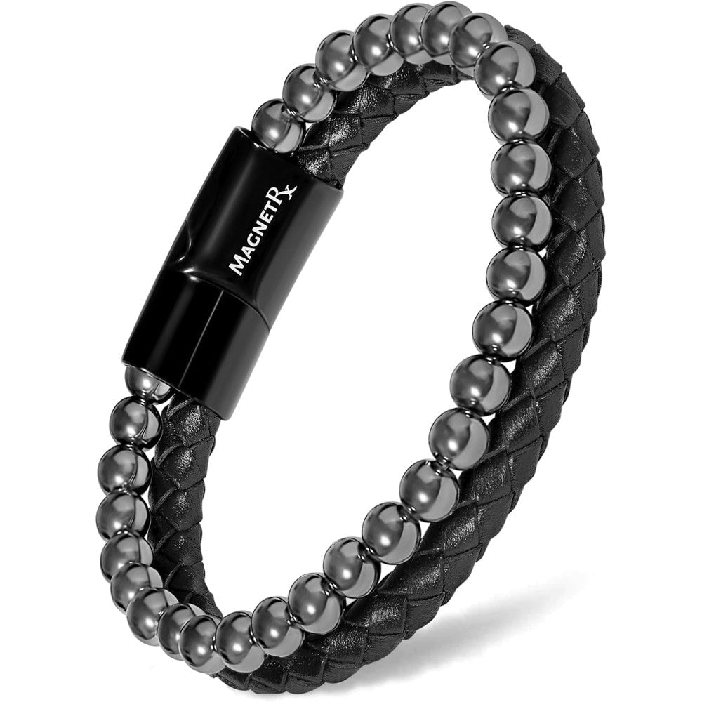 MagnetRX Hematite and Leather Magnetic Bracelet front view authentic wellness jewelry
