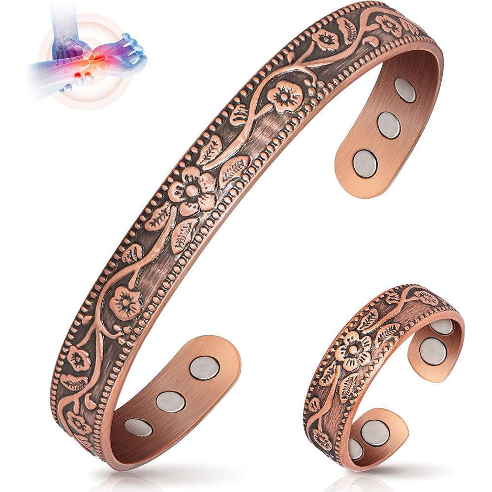 Auramag copper magnetic bracelet and ring set front view vintage flower jewelry.