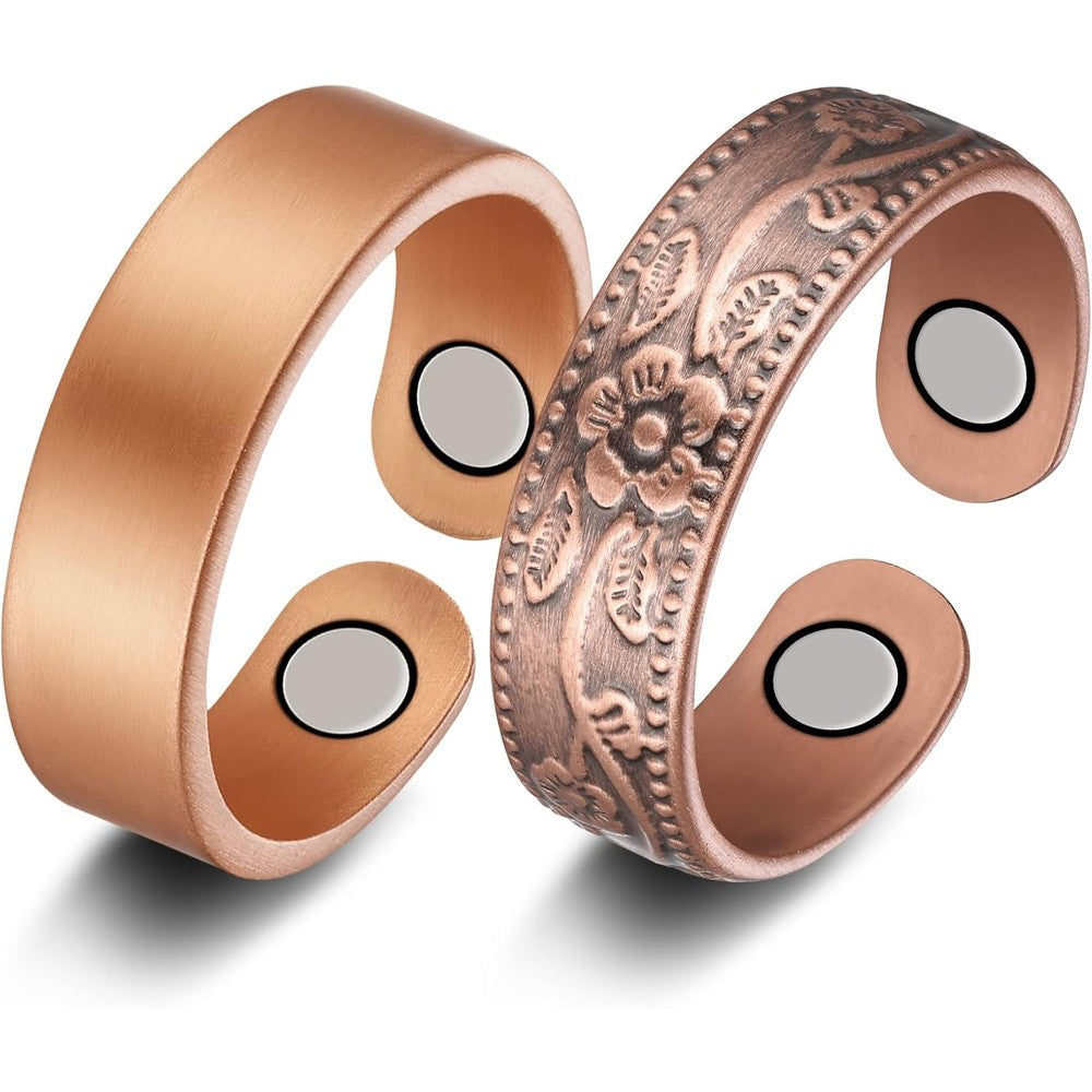 Jecanori Magnetic Copper Rings front view showcasing vintage flower and sleek designs.