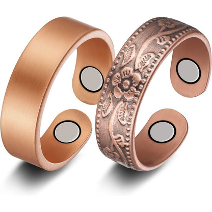 Jecanori Magnetic Copper Rings front view showcasing vintage flower and sleek designs.