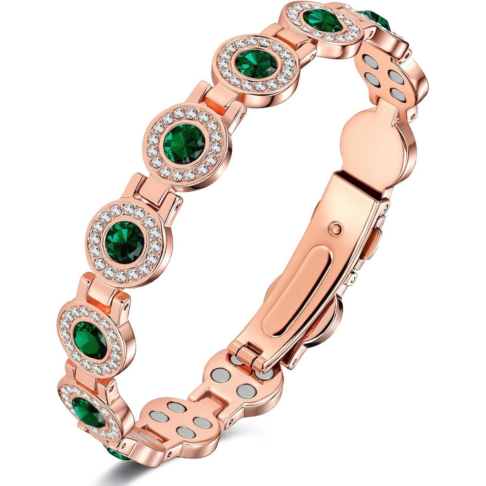 Feraco Pure Copper Bracelet front view featuring emerald green crystals.