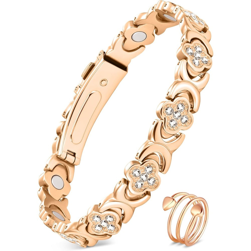Feraco Pure Copper Magnetic Bracelet and Ring Set front view with cubic zirconia clover.