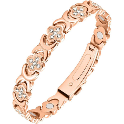 Jecanori Pure Copper Magnetic Bracelet front view for women with rose gold clover design.
