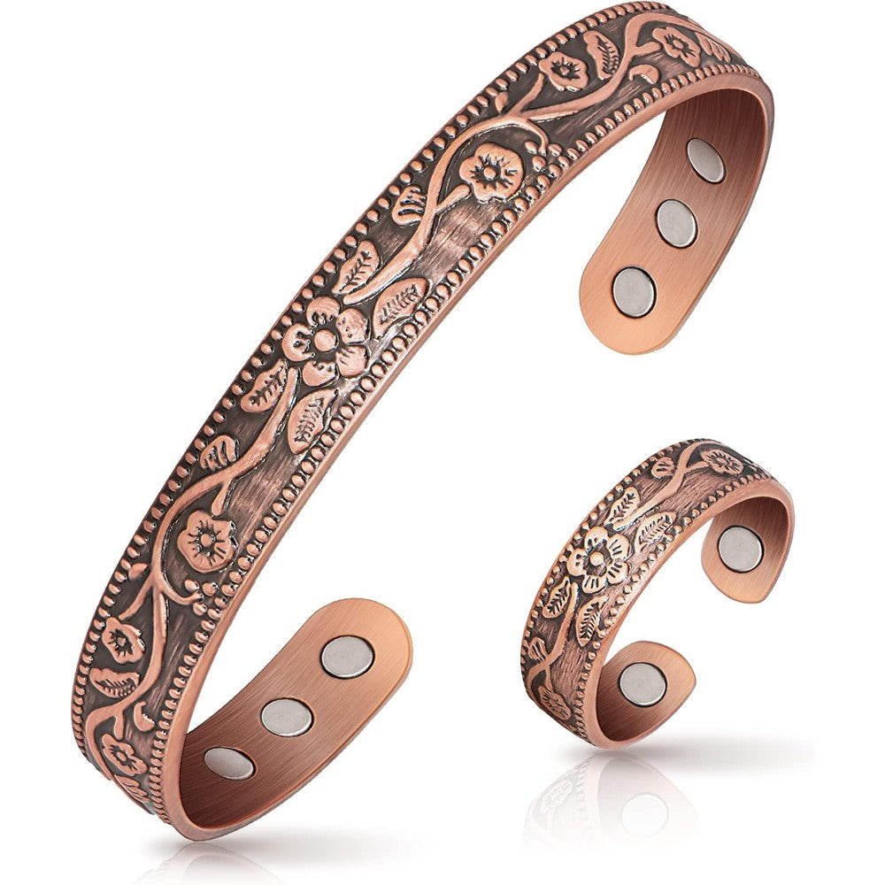 Mahnco lymphatic drainage copper jewelry set front view for wellness.