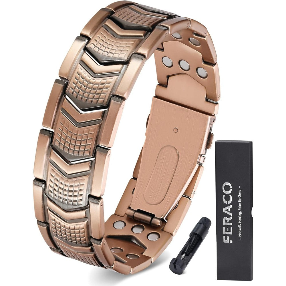 Feraco Copper Bracelet for Men front view showing 3X strength magnets.