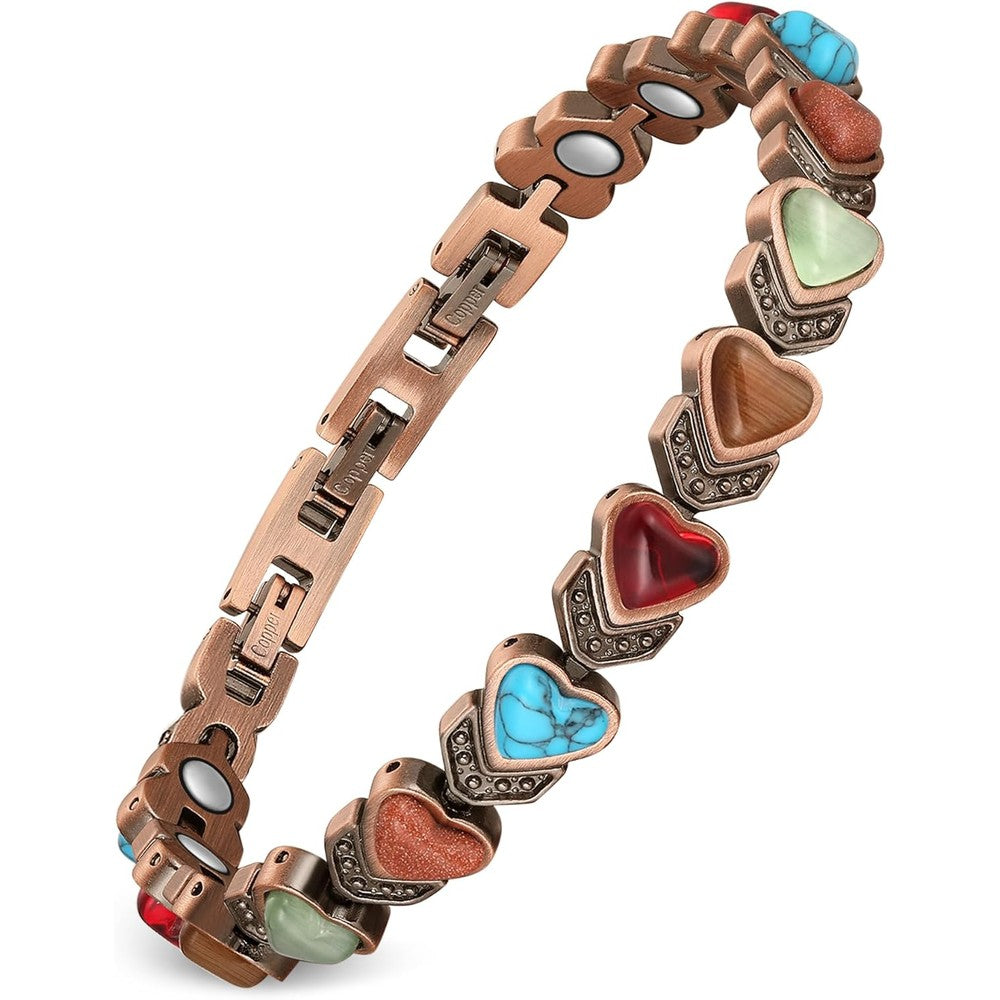 Feraco Pure Copper Magnetic Bracelet front view with heart shaped turquoise stones.