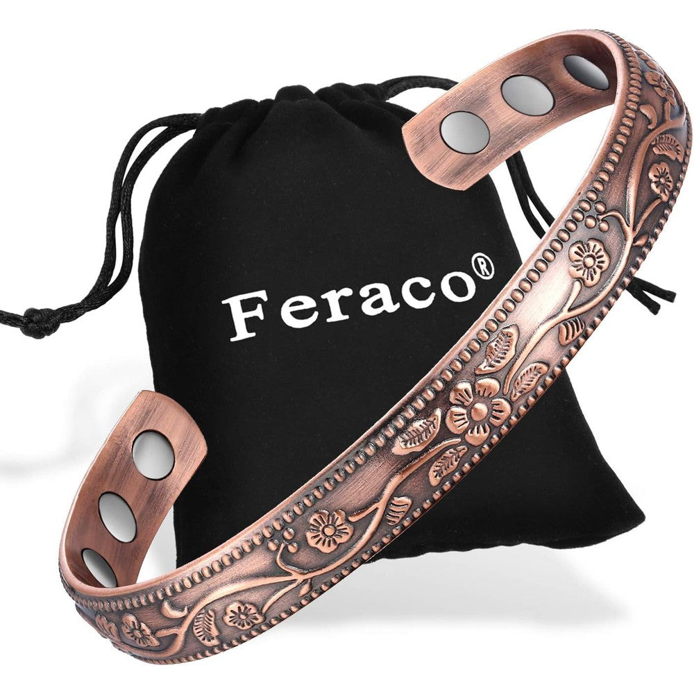 Feraco Copper Bracelet for Women vintage flower design front view