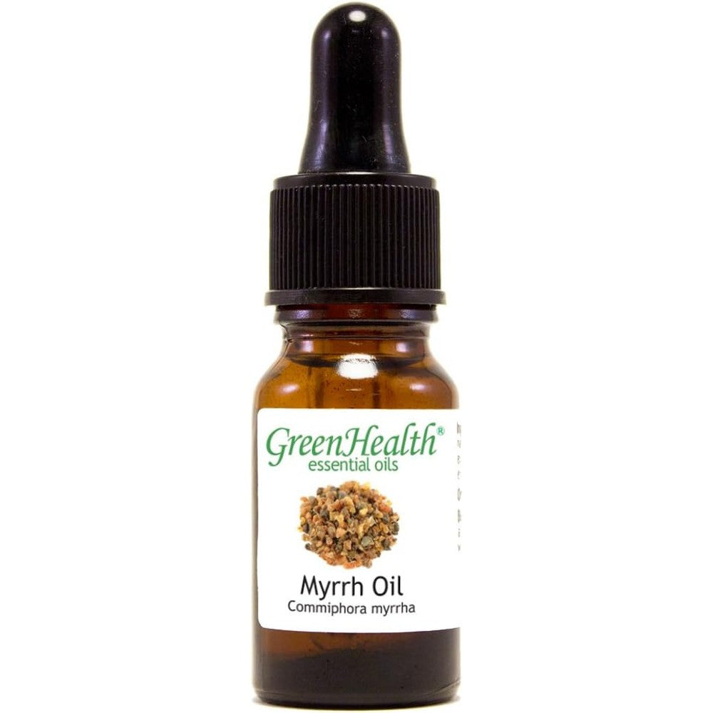 GreenHealth Myrrh Essential Oil 10ml amber bottle with dropper front view