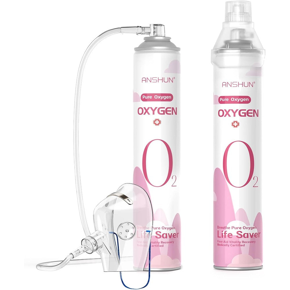 ANSHUN Premium Adult Oxygen Canisters front view with pink and white labels.