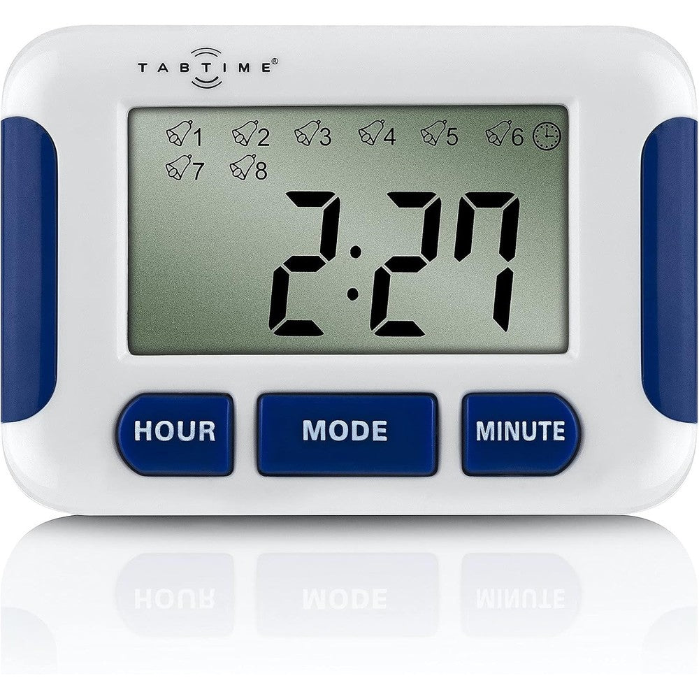 Tabtime Timer electronic pill reminder front view with 8 alarms display.
