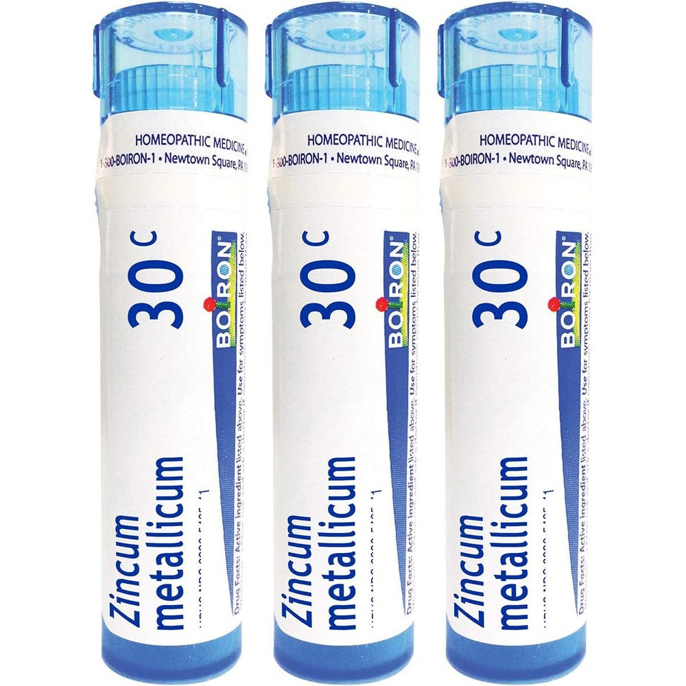 Boiron Zincum Metallicum 30c pack of 3 front view for leg cramp relief.