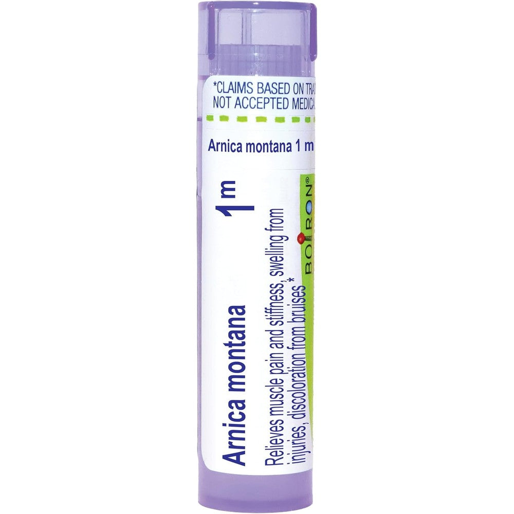 Boiron Arnica Montana 1M pellets front view for muscle pain relief.
