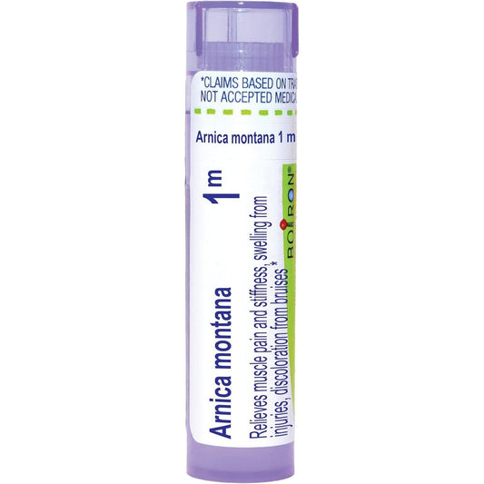 Boiron Arnica Montana 1M pellets front view for muscle pain relief.